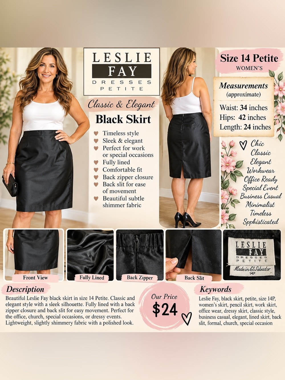Leslie Fay Black Midi Skirt Size 14P Polyester Like New
